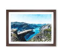 Trolltunga Rock Formation in Norway Painting Framed Print | A2 Walnut Framed Wall Art | Ready to Hang | Modern Historical Picture | Living Room Bedroom Lounge Office
