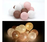 TRONJE 10 LED 6cm Cotton Ball String Lights - 4h-Timer 6,2ft Fairy Lights - Portable Battery Powered Wall Light - Brown-Pink Warm White