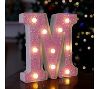 TRONSBOO LED Letter Lights Pink Glitter Marquee Letters Light Up Alphabet Letters Sign Battery Powered for Home Party Decoration Night Bar Wedding Birthday Christmas Lamp Girls Gift - Letter M