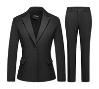 TRONSTORE Women's Business Solid Suit 2 Piece Slim Fit Classic Blazer Pants Set for Women Formal Office, Black, XL
