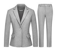 TRONSTORE Women's Business Solid Suit 2 Piece Slim Fit Classic Blazer Pants Set for Women Formal Office, Light Grey, S