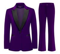 TRONSTORE Women's Velvet Suit 2 Piece Set Satin Peaked Lapel Blazer Outfits for Women Wedding Party Business, Deep Purple, XL