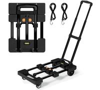 TROOZY Folding Hand Truck, 26" Max Extendable Dolly Cart with 6 Casters (2 with Brake) & 2 Elastic Ropes, 500 LB, Utility Platform Cart for Daily Work, Grocery Shopping, Garden,Luggage & Camping,Black
