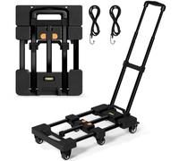 Troozy Folding Sack Truck with Brakes, Transport Trolley 226 kg, Folding Sack Truck with 4 Universal Wheels, Platform Trolley, Extendable, Transport Trolley with Adjustable Drawbar, 2 Ropes, Black