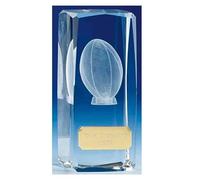 TROPHIESPLUSMEDALS 3D Rugby Crystal Block Trophy - 11.5 cm / 4 1/2" | Optical Laser Engraved Rugby Ball | No Cost Engraving Plate | Perfect Presentation to Celebrate Success | Great Footie Fan Gift