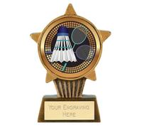 TROPHIESPLUSMEDALS Badminton Mini Star Trophy - 10cm | Resin Award with Shuttlecock & Racket Motif with Personalised Free Engraving | Stylish Trophy for Sporting, Corporate & Community Recognition