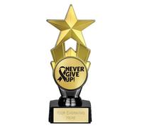 TROPHIESPLUSMEDALS Cancer Never Give Up Trophy | Gold finish trophy with a durable body and a marble base, free engraving. Ideal for resilience awards.