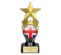 TROPHIESPLUSMEDALS Country UK Union Jack Trophy | Gold finish trophy with a durable body and a marble base with free engraving. Ideal for UK pride awards.