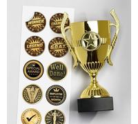 TROPHIESPLUSMEDALS Gold Merit Trophy Cup - 15cm, Winners Trophy for Sports and Leagues - Plastic Trophy Award with Marble Base - Includes 10 Achievement Stickers