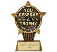 TROPHIESPLUSMEDALS Personalised You Deserve a Trophy Mini Star Award - Gold, Free Engraving | 10cm | Party, School & Games Reward