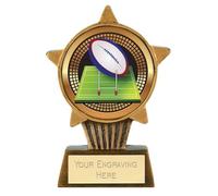 TROPHIESPLUSMEDALS Rugby Ball & Post Mini Star Trophy | 10cm Resin Rugby Award with Personalised Free Engraving | Stylish & Durable Presentation Trophy Ideal for Clubs, Schools & Corporate Events