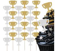 Trophy Cupcake Toppers Set - 24pc - Gold & Silver Glitter Trophies | Perfect for Sporty Celebrations | Birthday Cupcake & Cake Decorations