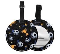 Trophy Cups Round Luggage Tag 2PCS Soccer Sport PU Leather Travel Bag Tag ID Labels Name Card Holder wtih Buckle for Luggage Suitcase Backpacks