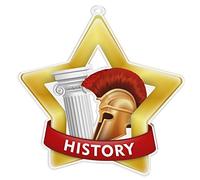Trophy Monster Pack of 10x History Star Medals and Ribbons for Events & Schools | Made from Printed Acrylic | 60mm, 70mm, 80mm (Maxi-star 70mm, Gold)