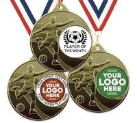 Trophy Monster Pack of 10x Metal 50mm Gold Embossed Football Player of the Month Medals & Ribbons Standard emblem or your logo FREE | Personalised | Bulk Pack Quantity Deals 50,100,250 or 500 |
