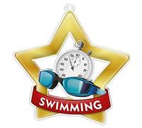 Trophy Monster Pack of 10x Swimming Star Medals and Ribbons for Events & Schools | Made from Printed Acrylic | 60mm, 70mm, 80mm (Maxi-star - 70mm, Gold)