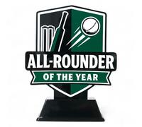Trophy Monster Pavilion All Rounder of the Year Trophy - Black Acrylic Cricket Award with Printed Design | 3 Sizes 140-195mm | Personalised with Engraved Plate for Clubs, Leagues & Competitions
