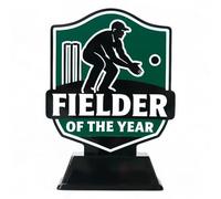 Trophy Monster Pavilion Fielder of the Year Trophy - Black Acrylic Cricket Award with Printed Design | 3 Sizes 140-195mm | Personalised with Engraved Plate for Clubs, Leagues & Competitions