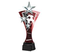 Trophy Monster Triple Star Red and Silver Football Award - High-Gloss Acrylic Trophy for Schools & Clubs - Vibrant Action Graphic - Free Engraved Plate - Available in 7 Sizes