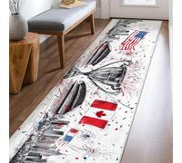 Trophy Runner Rug, Celebration Festive Flags Cityscape Celebration Red Low Pile Carpets Fade Resistant Home Aesthetic for Kitchen Bedside Entryway Hallway Decor 2x8 Ft
