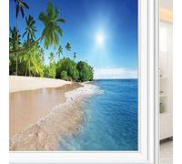 Tropic Decorative Window Film, Ocean Tropical Palm Trees on Sunny Island Beach Scene Panoramic View Picture, Glue Free Static Privacy PVC Window Film, W17.7 x L23.6 Inch White Green Blue