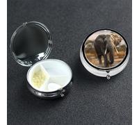 Tropical African Elephant Pill Box with Mirror 3 Compartment Decorative Pill Case for Purse or Pocket Small Round Pill Organizer Weekly Metal Medicine Tablet Vitamin Holder Travel Gift
