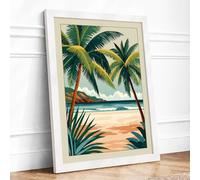 Tropical Afternoon Coastal Framed Wall Art Print A4 (29.7×21cm) White, Wall Decor for Living Room, Bedroom, Office & Home, Ready to Hang, Art Gift