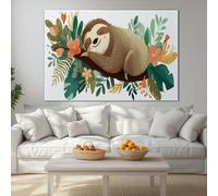 Tropical Animal Sloth Leaves Modern Framed Canvas Wall Art 120L x 60W cm, Beige Large Giclee Prints Ready to Hang for Living Room Bedroom Office Decor - Wrapped Wood Frame