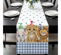 Tropical Animal Table Runner 13x36 Inches Long Leopards Lions Blue Plaid Striped Hat Cotton Linen Table Runner Burlap Style for Dinner Table Party Decor Tabletop Decorations