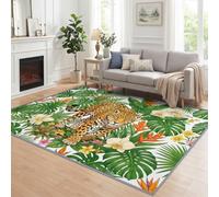 Tropical Animals Jaguar Plants 3D Print Area Rug for Living Room, 80 x 150 cm Modern Washable Rugs, Soft Fluffy Faux Wool Carpet, Anti-Slip Carpet Decorative Floor Mat, for Bedroom Office Decor,Green