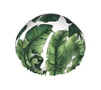 (Tropical Banana Palm Leaf) Print Double Layer Waterproof Shower Cap for Long Hair - Reusable Bath Hair Protection with Elastic Band for Women Travel.