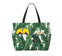 Tropical Banana Palm Leaf Print Large Capacity Beach Travel Bag, Waterproof Beach Tote Bag with Zip and Pocket, Tote Bags for Traveling, Shopping, Pool