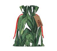 Tropical Banana Palm Leaf -Print Reusable Burlap Pouches Drawstring Bags, Rustic Wedding Christmas Party Favors Bulk Packaging.