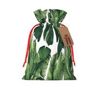 Tropical Banana Palm Leaf -Print Reusable Burlap Pouches Drawstring Bags, Rustic Wedding Christmas Party Favors Bulk Packaging.