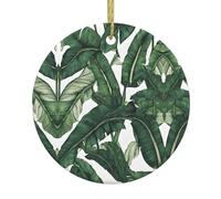 Tropical Banana Palm Leaves Print Christmas Tree Ceramic Hanging Ornaments,Round Ceramic Decorations