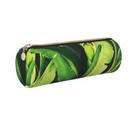 Tropical Banana Palm Leaves Printed Leather Pencil Case Cute Stationery Organizer Round Makeup Bag Pen Pouch, Gold Zipper
