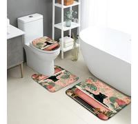 Tropical Bathroom Mat Sets 3 Piece, Elegant Cheetahs and Floral Design Absorbent Non Slip Toilet Rugs U Shaped Washable, Summer Beach Quick Dry Memory Foam Bathroom Rug Set