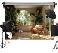 Tropical Bathroom Polyester Backdrop for Photography, Sunlit Spa Scene with Bathtub, Green Plants and Rattan Chair, Nature-Inspired Relaxing Indoor Jungle Theme Decor 7x5ft