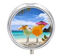 Tropical Beach 3 Compartment Pill Box Portable Travel Pill Box with Round Metal Mirror for Medication Storage, Medicine Box for Storing Vitamins and Oil