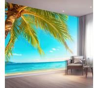 Tropical Beach 3D Photo Murals Blue Coconut Trees Ocean 300 X 210 Cm Non-Woven Wallpaper Wall Art Photo Wallpaper Wall Mural Home Bedroom Living Room Poster Decoration