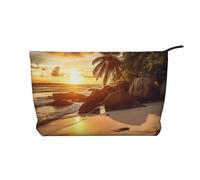 Tropical Beach at Sunset Corduroy Makeup Bag Travel Organizer Bag Cosmetic Bag Large Wide-Open Pouch