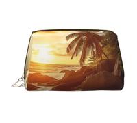 Tropical Beach at Sunset Leather Makeup Bag, Large-Capacity Travel Storage Bag, Dual-Purpose Toiletries and Makeup Bag