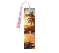 Tropical Beach at Sunset Wooden Bookmark Book Lovers Tassels Crafts Accessories Reading Book Club Party