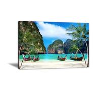 Tropical Beach Canvas Painting Beach Long Tail Boat Art Prints Tropical Ocean Poster Thailand Beach Landscape Art Prints Modern Seascape Artwork Modern Design Home Decor for Bathroom 24x16 In Unframed