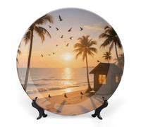 Tropical Beach Ceramic Decorative Plate Boho Bone China Decorative Plate with Display Stand Wall Hanging Ornament Plates for Kitchen Dining Room Wine Cabinet Home Décor 8inch