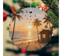 Tropical Beach Christmas Ceramic Ornaments with Gold String - 2.8 Inch Round Double-Sided Porcelain Xmas Tree Decor for Fireplace Mantel, Farmhouse Winter Holiday Hanging Ornaments