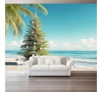 Tropical Beach Christmas Tree Palm Leaves Wall Mural Wallpaper, Non Self Adhesive Paste The Wall Mural for Living Room Bedroom, Green Blue High Definition Art Wall Decor - 250 x 175 cm (W x H)