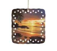 Tropical Beach Coastal Sunset Ceramic Christmas Ornaments Rustic Square Xmas Tree Pendant Decor with Hanging String Personalized Double-Sided Holiday Party Ornament for Xmas Gifts