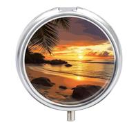 Tropical Beach Coastal Sunset Pill Box 3-Compartment Medicine Pill Case Portable Round Pill Box Pill Container Holder to Hold Vitamins Decorative Metal Medicine Organizer
