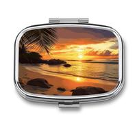 Tropical Beach Coastal Sunset Pill Box Travel Pill Organizer 2 Compartment Weekly Pill Case with Mirror A Day Medicine Container Medicine Organizer for Purse, Pocket, Or Wallet